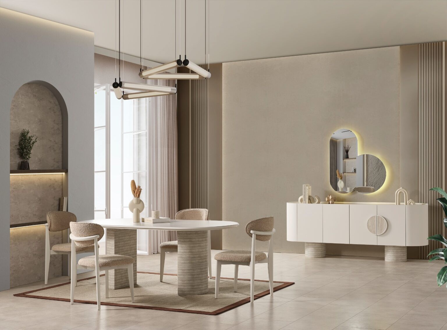 Esszimmer in warmen Beigetönen mit Designer-Sideboard