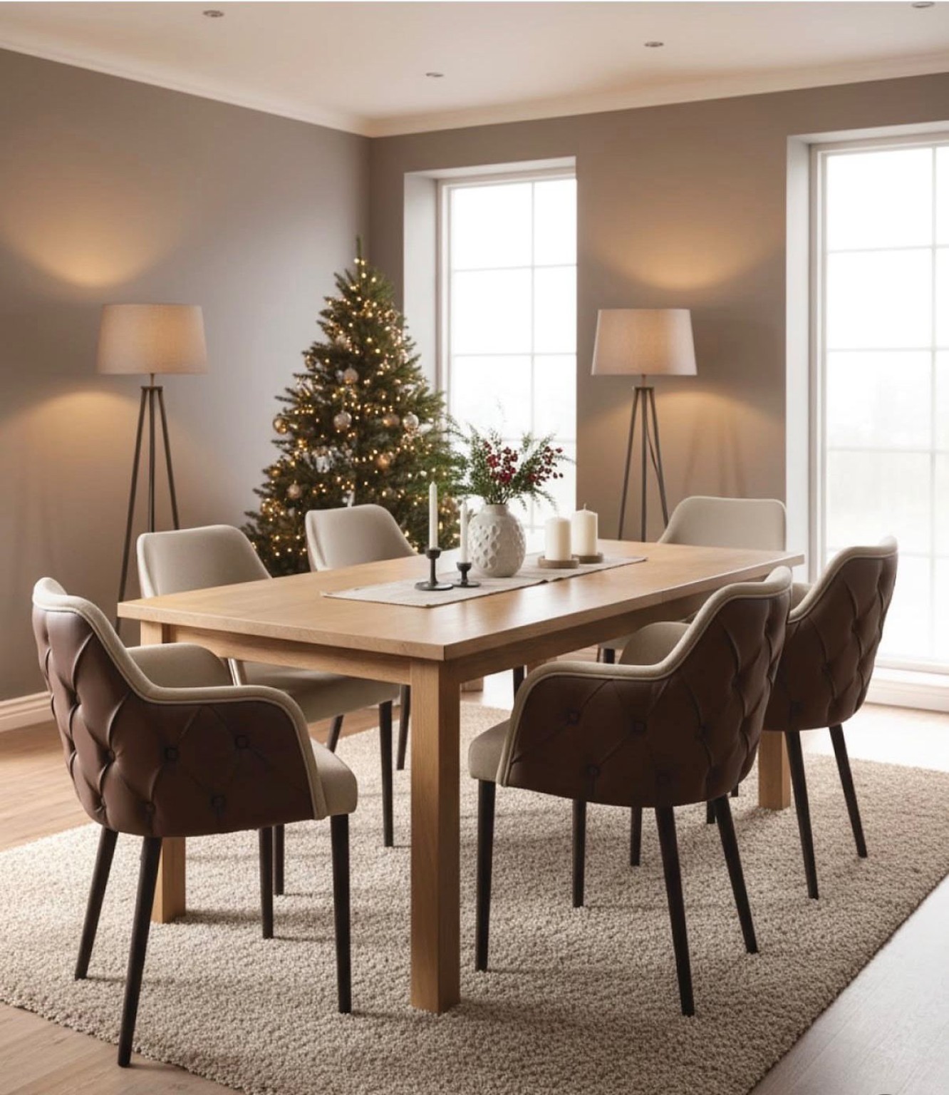 Esszimmer mit Massivholztisch und Polsterstühlen