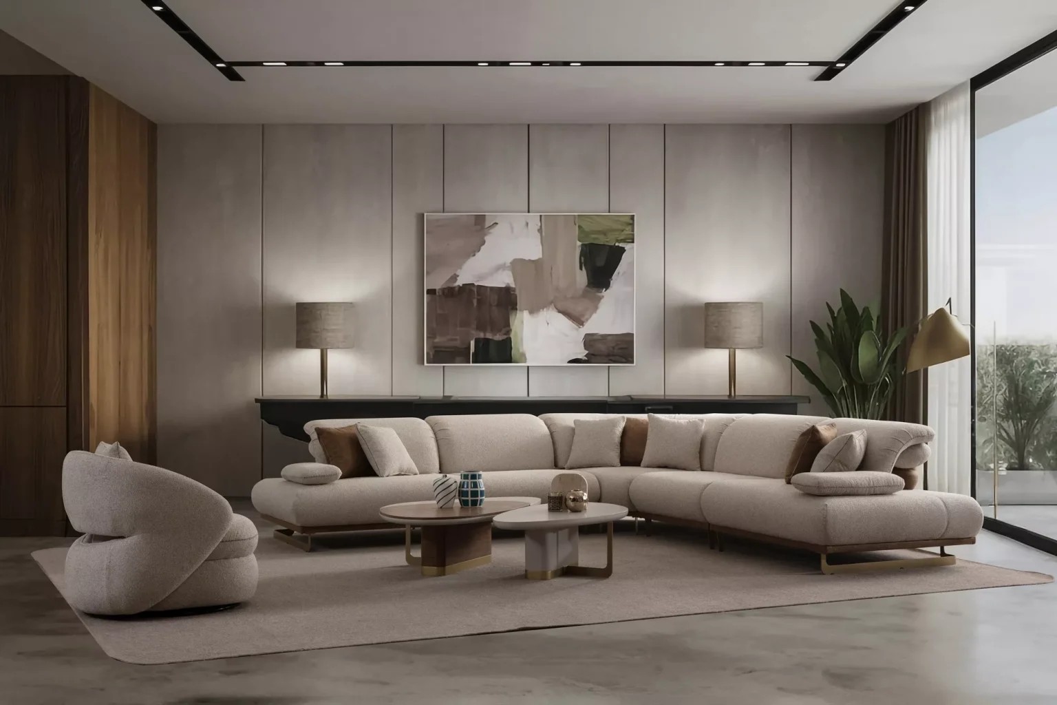 Modernes Wohnkonzept mit Küche und Insel in Beige und Nussbaum